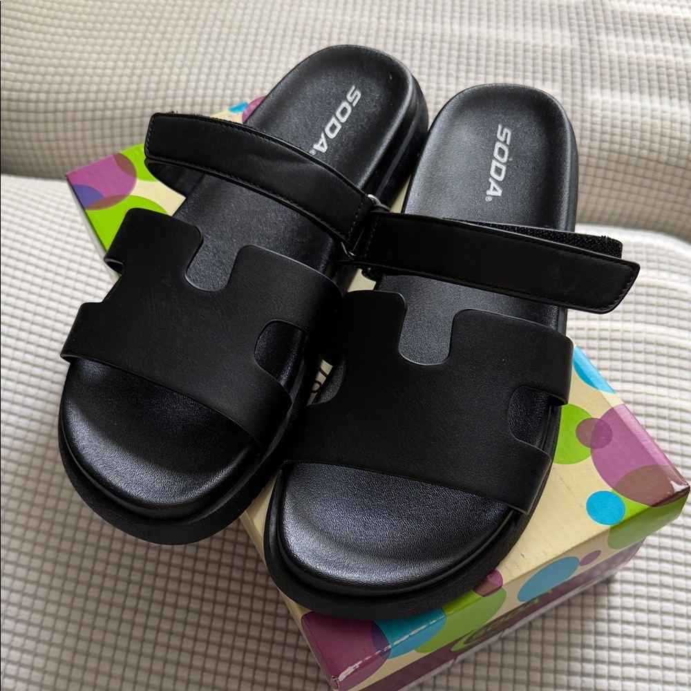 Soda Black Slip-On Sandals with Adjustable Strap